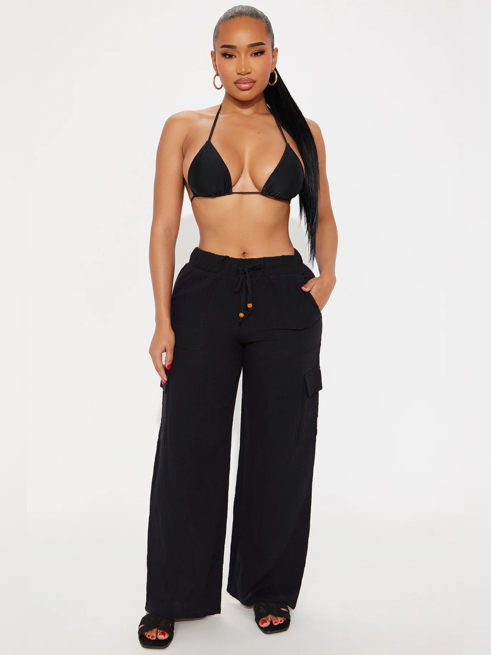Keep It Simple Gauze Cover Up Cargo Pants - Black - Fashion Nova